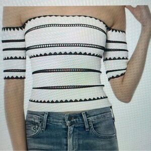 RONNY KOBO-Shoulder Black and White Striped Top